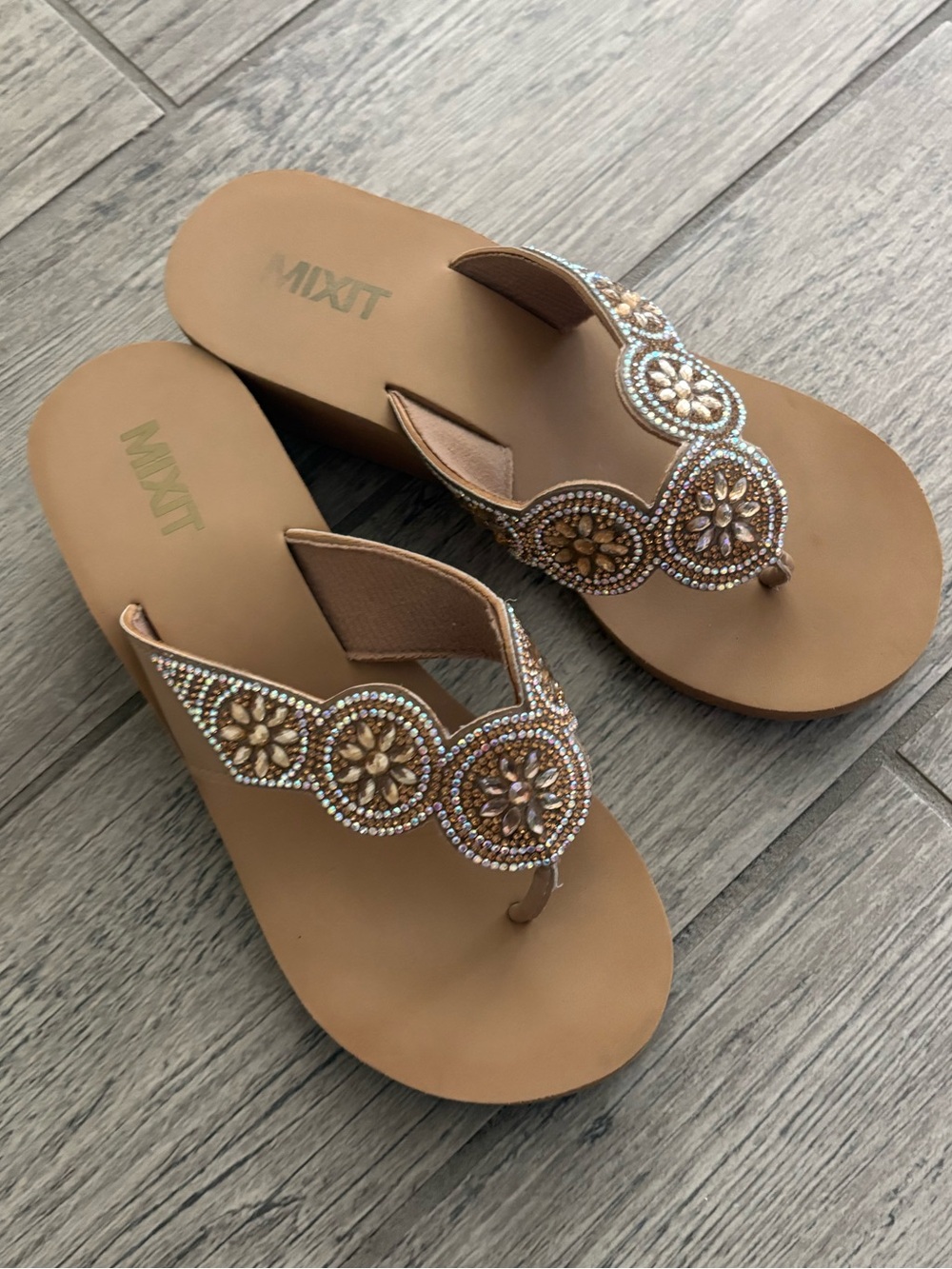 Mixit Tan Beaded Thong Sandals with Floral Medal Accents